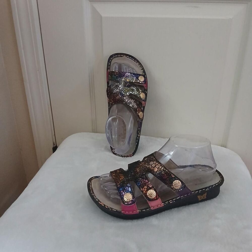 Alegria Fiona Multicolor Mosaic Leather Chunky Slide Sandals EU 37 Boho Dopamine